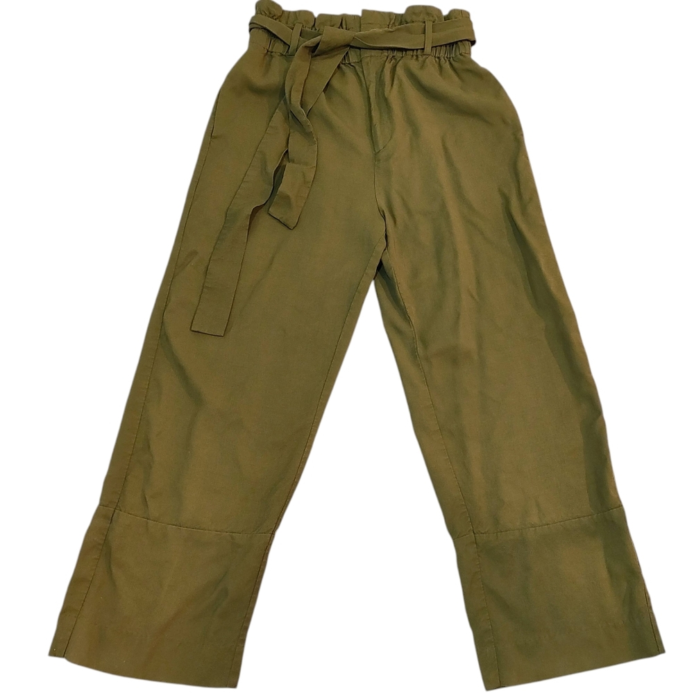J. Crew Wide Leg Drapey High Rise Pants w/ Paper Bag Tie Waist In Olive‎ Green
